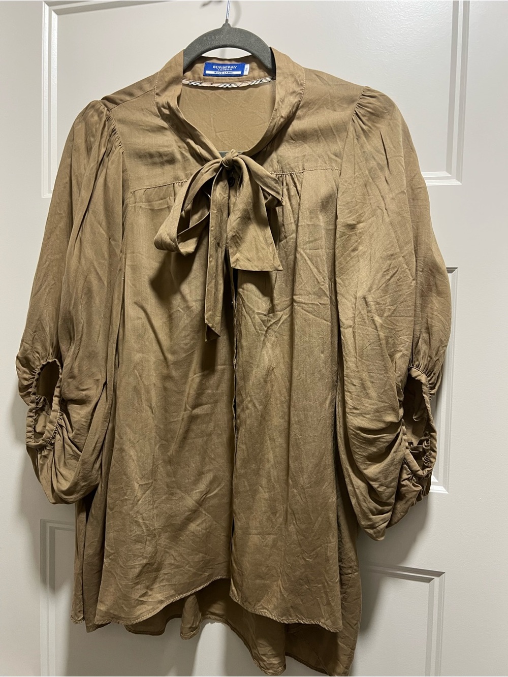Burberry Tie-Neck Blouse with Ruched Sleeves